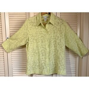 Sag Harbor blouse Women large Light Green 3/4 sleeve Shirt semi sheer Floral
